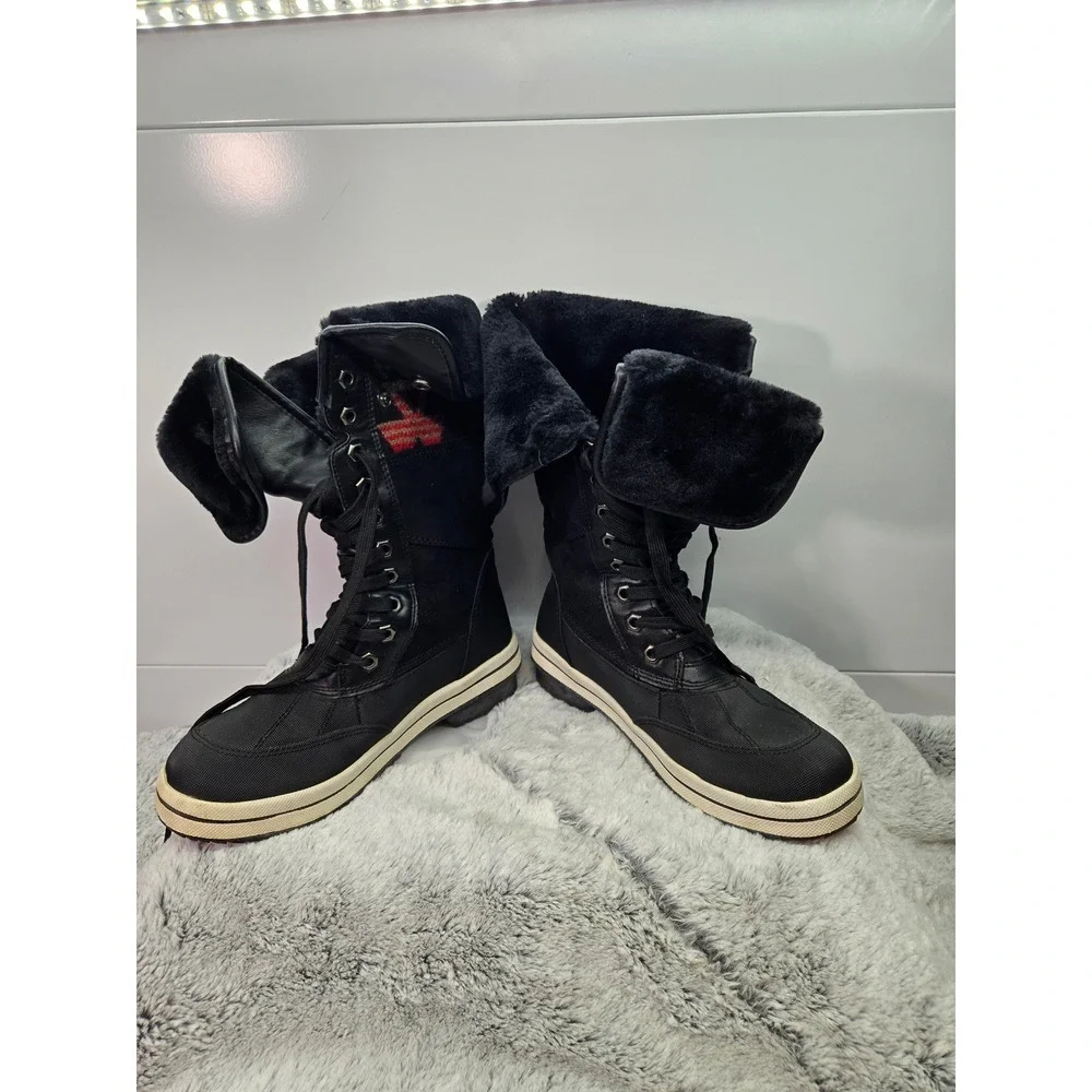 Womens Black‎ Lace Up Duck Boots Waterproof Fold Down Faux Fur Trim Winter